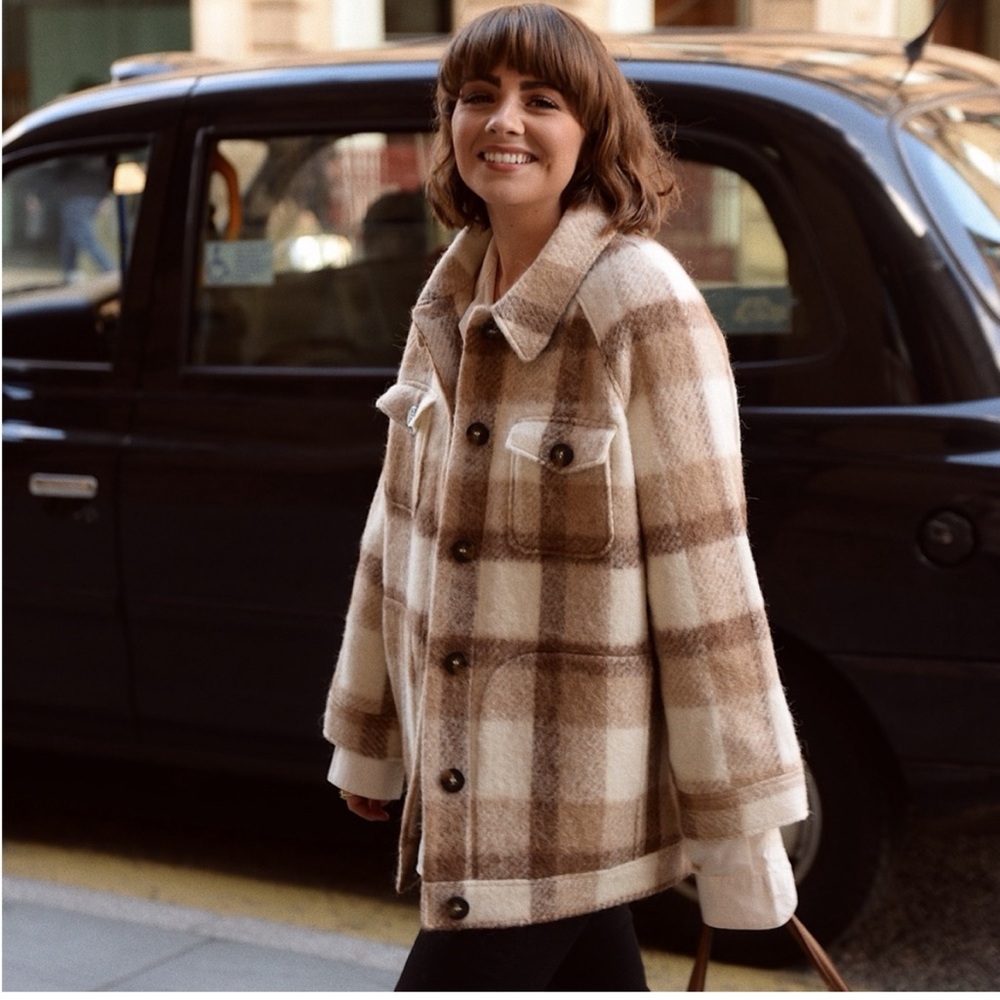 Sezane Alda Brown and Cream Plaid Jacket